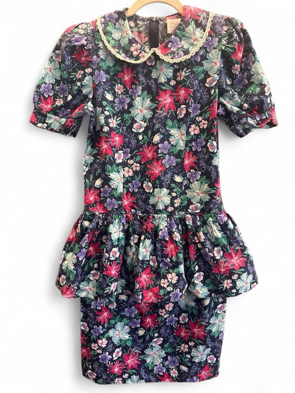 Vintage 1980s Floral Drop Waist Peter Pan Collar Peplum Dress Size 3